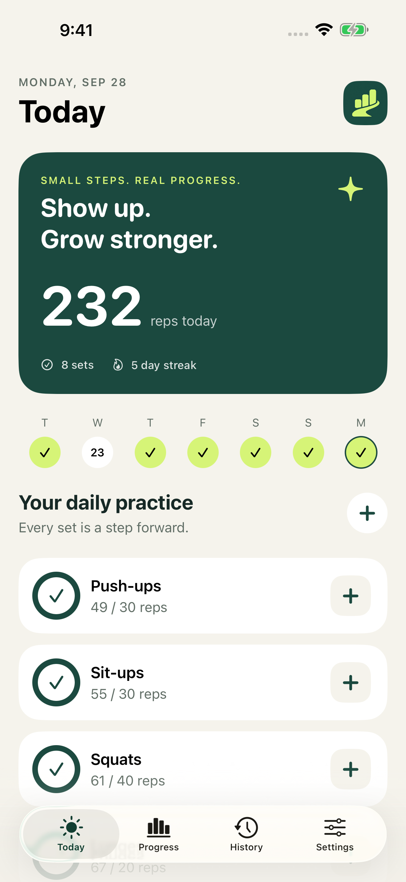 RepBloom Today screen showing illustrative logged reps, daily exercise goals, and a workout-day streak